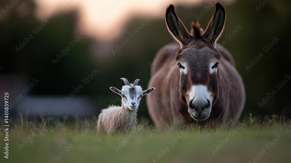 Poster a heartwarming shot features a brown donkey and a fluffy white lamb standing side-by-side in a lush 