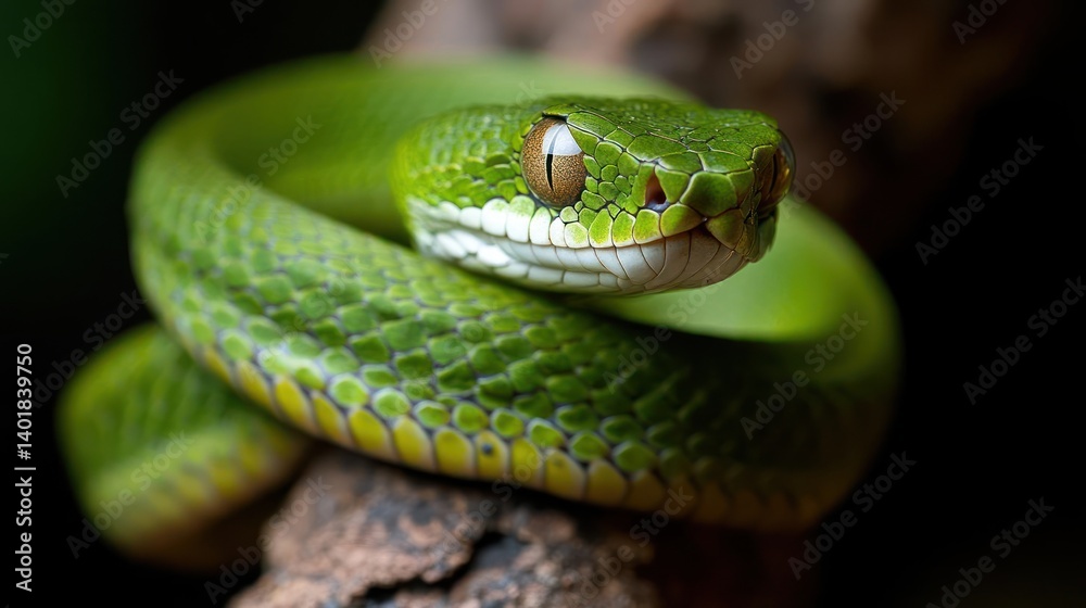 Poster Macro shot of a vibrant green pit viper coiled on a branch, showcasing its intricate scale pattern and striking eyes, set against a blurred dark background. The snake's sleek, muscular body and