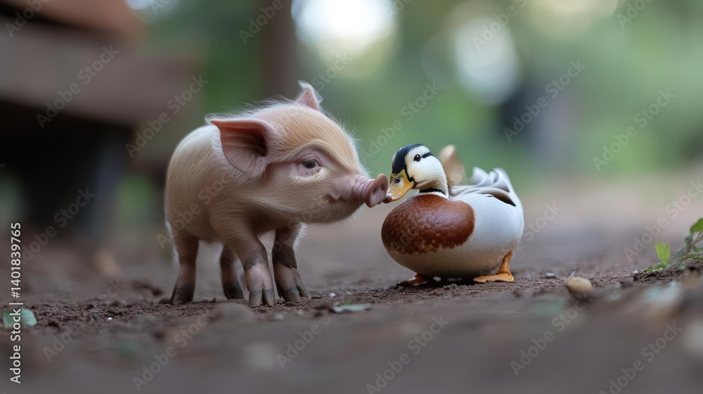 Aufkleber a close-up view shows a light pink piglet nuzzling a brown and white duck on a dirt path, with soft 