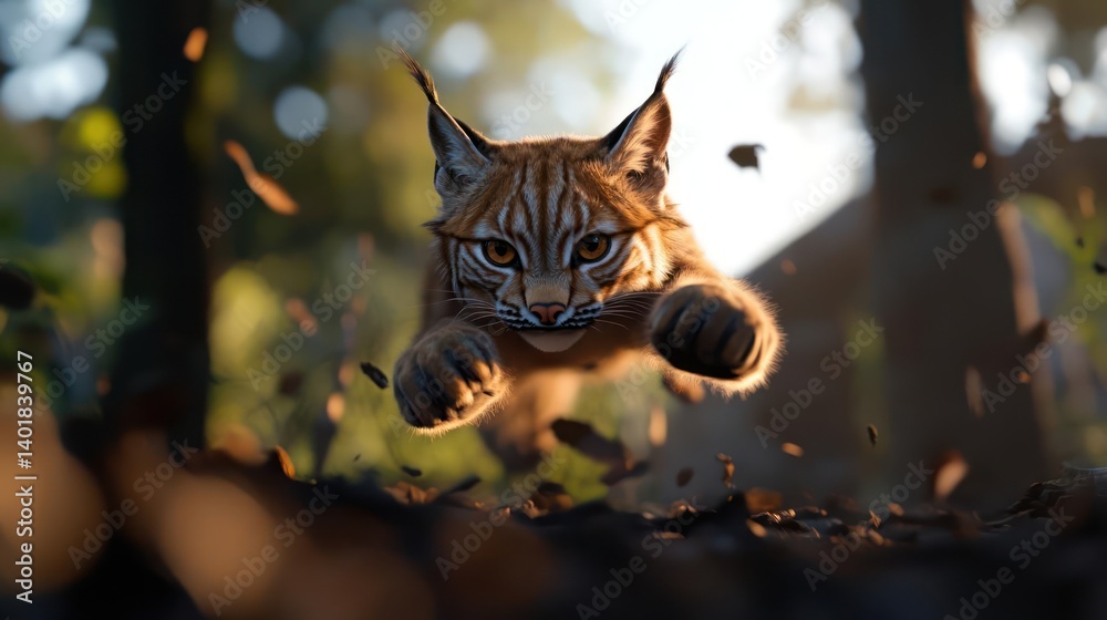 Poster close up of a lynx leaping forward in a sunlit forest with blurred background, featuring details of 