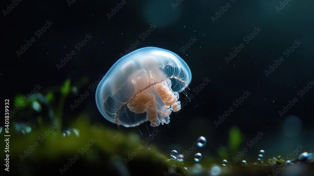 Poster close-up, detailed shot of a translucent jellyfish with a peach-colored center. floating in dark wat