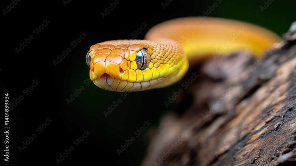 Poster Close-up shot of a yellow snake with its head facing forward. The snake is wrapped around a tree branch and set against a dark, blurry background. The snake's head and eyes are in focus, while the