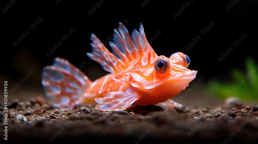 Poster close-up shot of an orange fish with stripes against a dark background. the fish has a unique dorsal