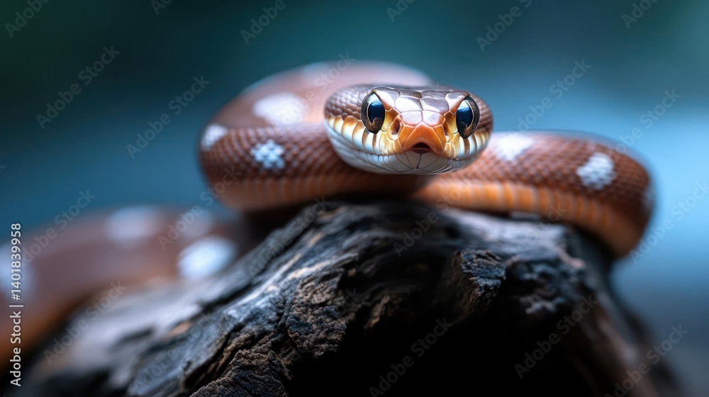 Poster close up shot of a brown snake with white spots resting on a weathered tree branch, featuring a blue