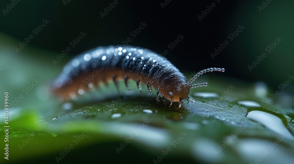 Poster Detailed macro shot capturing a millipede with a shiny, segmented body on a glossy green leaf covered in water droplets, set against a dark, blurred backdrop. The insect's antennae are visible