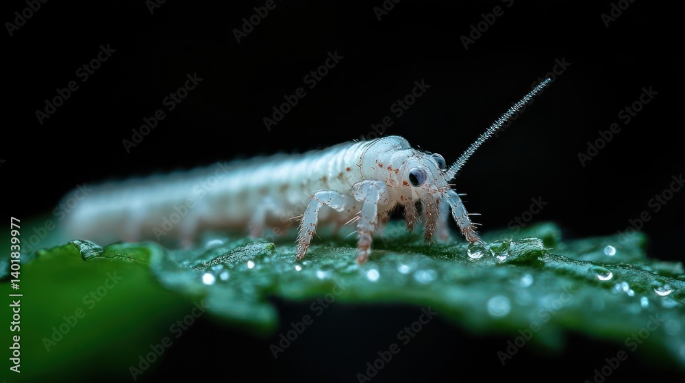 Aufkleber detailed close-up showcasing a small, pale bug covered in water droplets, resting on a green leaf wi