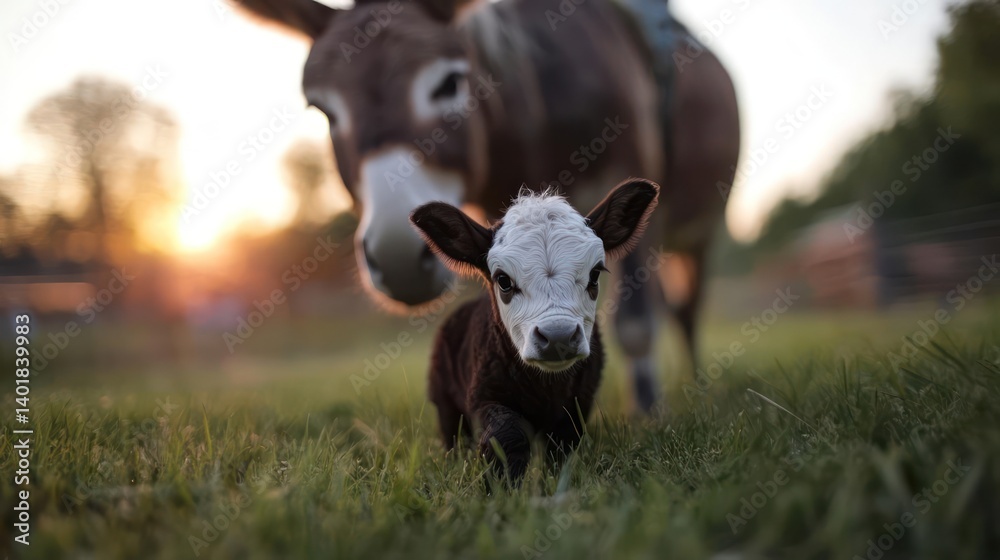 Poster close up of a brown calf with a white face walking through a grassy field with a brown donkey in the