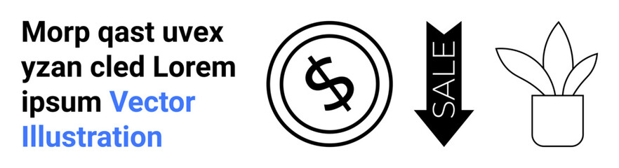 Circular dollar sign, downward sale arrow, and plant pot. Ideal for retail, discounts, finance, sustainability, minimalism eco-friendly design and digital branding. Abstract line flat metaphor