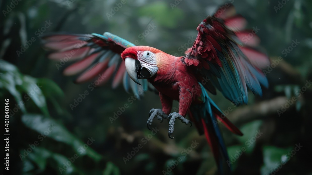 Poster vibrant scarlet macaw in dynamic flight with wings spread wide, set against a backdrop of lush, dark