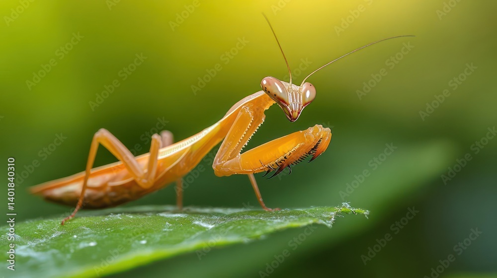 Poster Close up shot of a praying mantis in warm yellow orange color sitting on a green leaf with blurred yellow and green background. Macro photo of insect in nature with clear lighting
