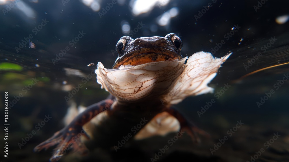 Poster a close-up underwater shot of a newt with a brown and white body swimming in clear water. bubbles ad