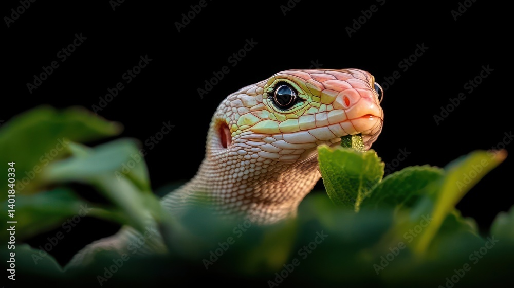 Poster close-up of a lizard with a green head and tan body peering out from a patch of green leaves against