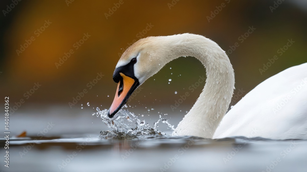 Aufkleber close up shot of a white swan with orange beak dipping its head into the water, causing a splash. th