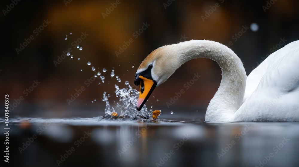 Poster Close up shot of a graceful white swan dipping its head into calm water creating splashing droplets with reflections on the water surface with an out-of-focus background of trees and foliage