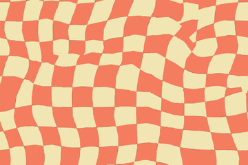 Seamless distorted checkerboard patterns in bold retro colors. Perfect for textiles, wallpapers, and digital backgrounds. Wavy, dynamic, and playful optical illusion style.