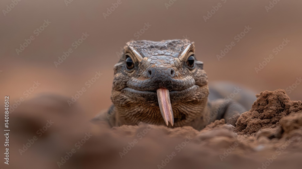 Poster Close up of a Komodo dragon emerging from the ground with its tongue sticking out. The reptile's textured skin and sharp features are prominently displayed against a blurred earthy background