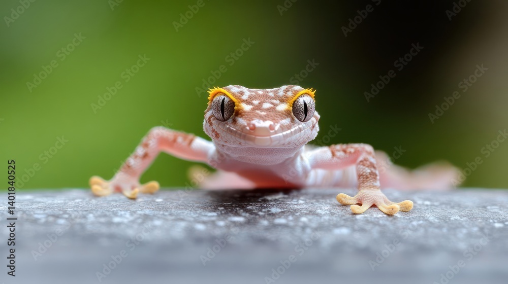 Poster Close-up of a small gecko with distinctive orange eyebrows and a pattern of white and brown spots on its body, perched on a gray stone surface with a blurred green background, creating a focused