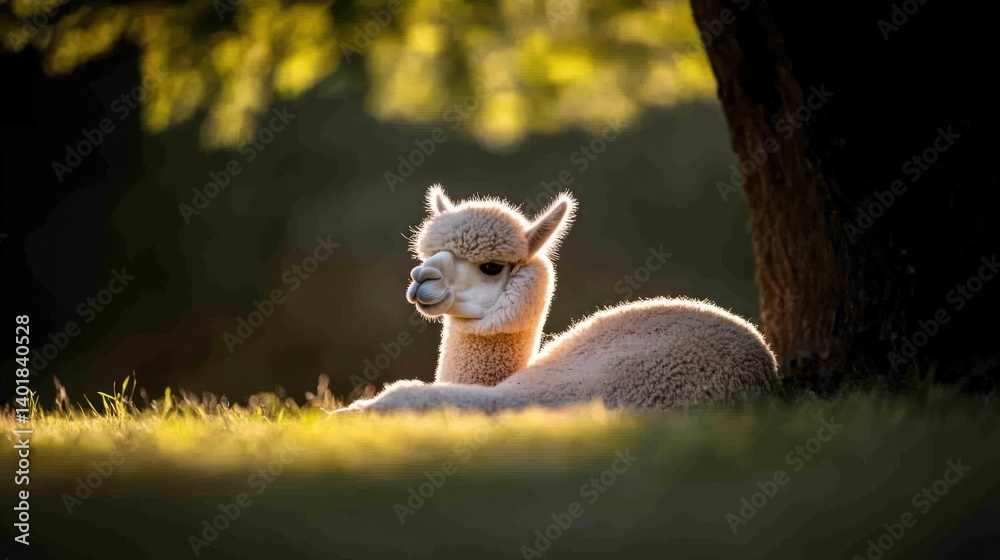 Aufkleber portrait of a fluffy white alpaca lying down on green grass under a tree, bathed in golden sunlight.