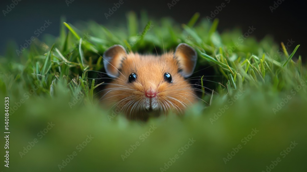 Poster close-up of a golden brown field mouse, partially concealed within vibrant green grass, its whiskers