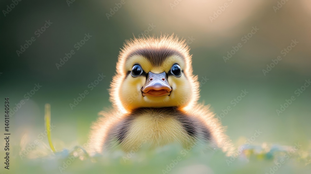 Poster close-up shot of a fluffy yellow and brown duckling sitting in green grass, highlighted by a warm, s