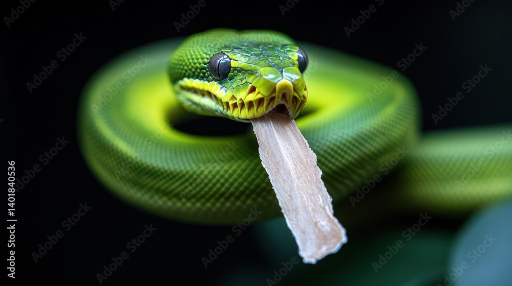 Poster a vibrant green tree python is coiled tightly, consuming a pale prey item against a blurred dark bac
