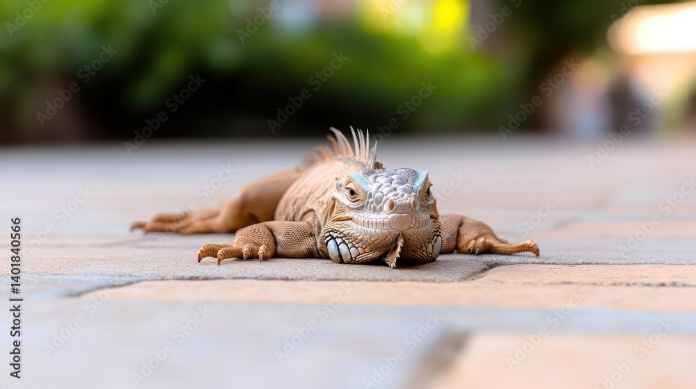 Aufkleber close up of a brown iguana laying down on a gray brick surface, eye level shot of reptile in natural