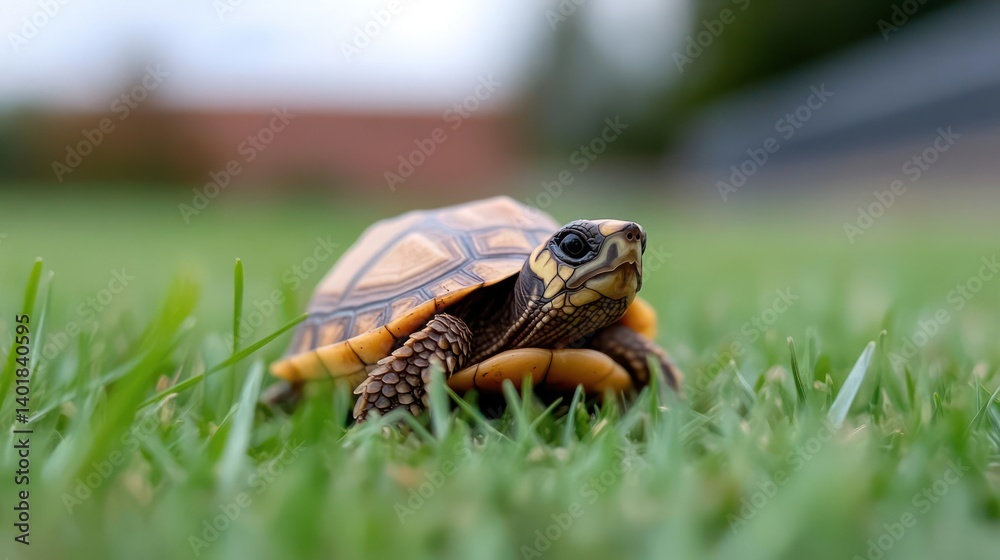 Poster a juvenile turtle with a patterned carapace and brown body crawls through green grass. the backgroun