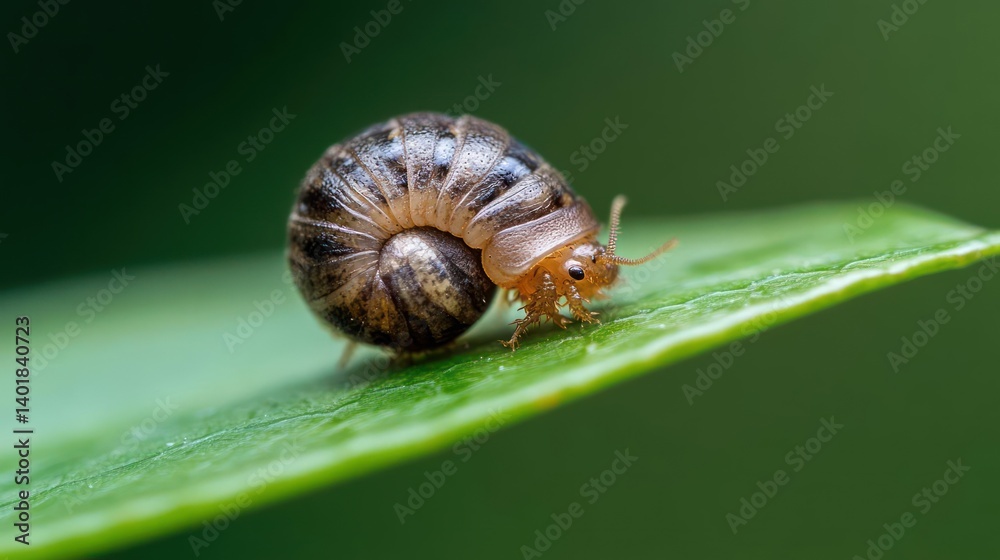 Poster A close up shot features a pill bug curled up on a vibrant green leaf. The pill bug exhibits a patterned shell, and its legs are visible beneath. The background is a soft, blurred green, emphasizing