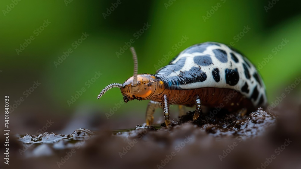Poster A detailed macro shot captures a small beetle with a black spotted white shell and orange underside, crawling on dark soil with a blurry green background. The beetle's antennae are visible, adding