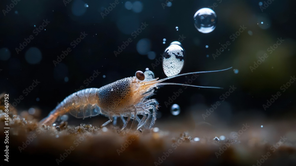 Poster macro shot of a translucent orange shrimp with brown specks surrounded by floating bubbles on a text
