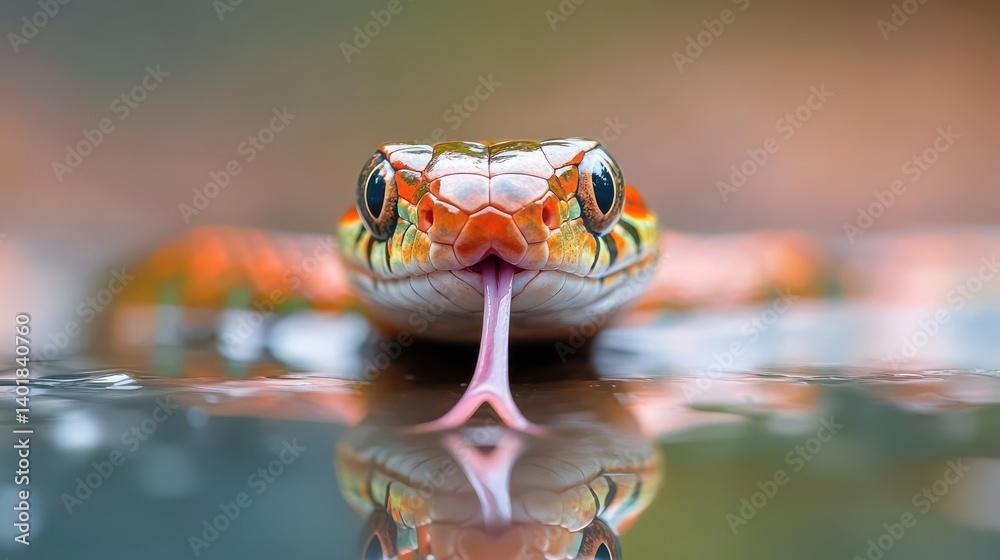 Poster close-up shot of a vibrant orange and white snake with its tongue extended, reflected in a shallow, 