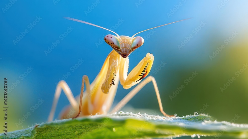 Poster close-up captures a praying mantis standing on a leaf with a blurred green and blue background. the 