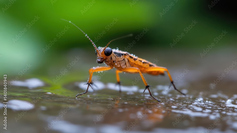 Poster macro shot captures an orange insect covered in water droplets, perched on a reflective surface. aga