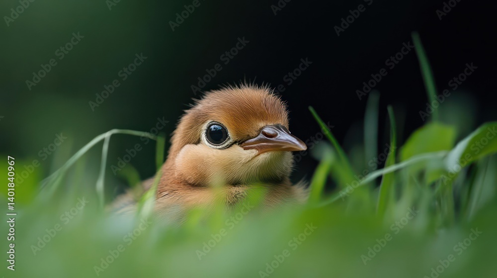 Poster close-up shot of a brown fledgling bird nestled in vibrant green grass with dark background. the ima