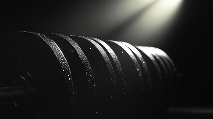 A close-up view of a heavy barbell resting on a gym floor, illuminated by dramatic lighting