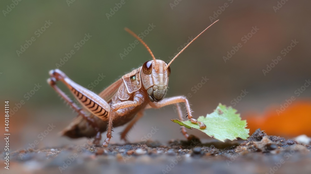 Aufkleber close up macro shot of a brown grasshopper with long antennae, eating a green leaf. the background i