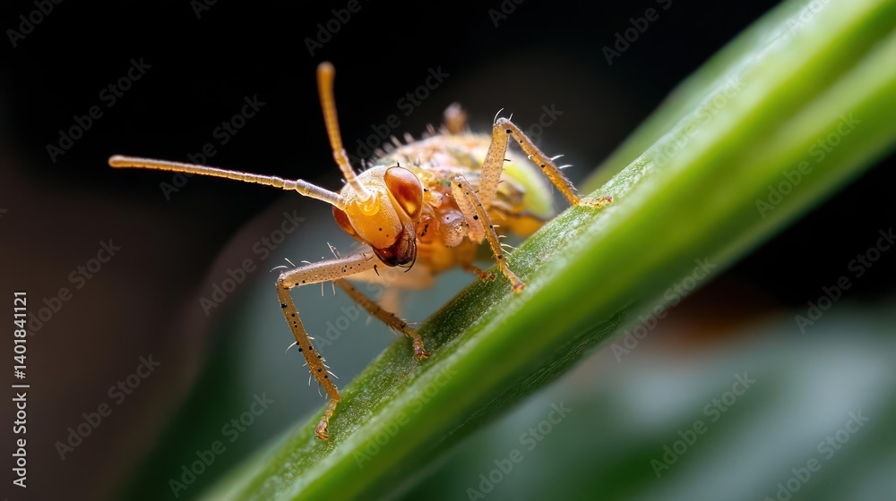 Aufkleber a macro shot features a small, orange insect clinging to a vibrant green stem, with tiny dewdrops ad