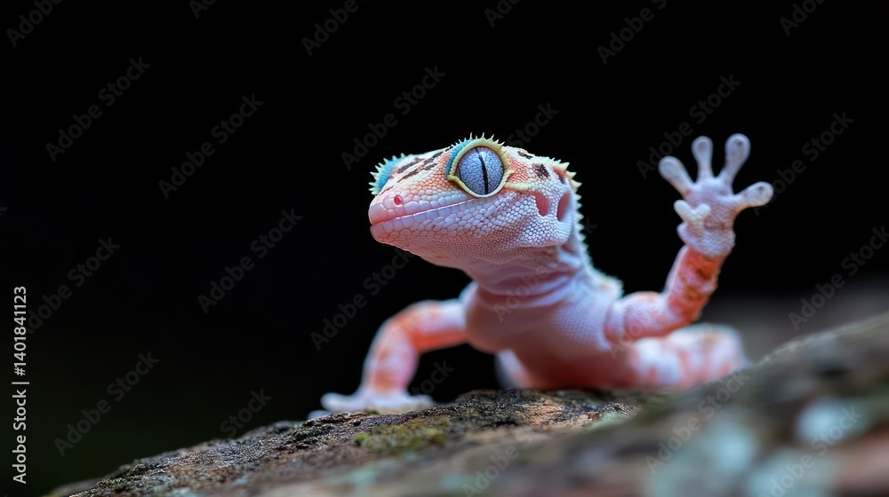 Aufkleber Close-up studio shot captures a pink gecko with blue eyes atop a branch against a black backdrop. The gecko's unique texture and intricate patterns are highlighted in this detailed macro image