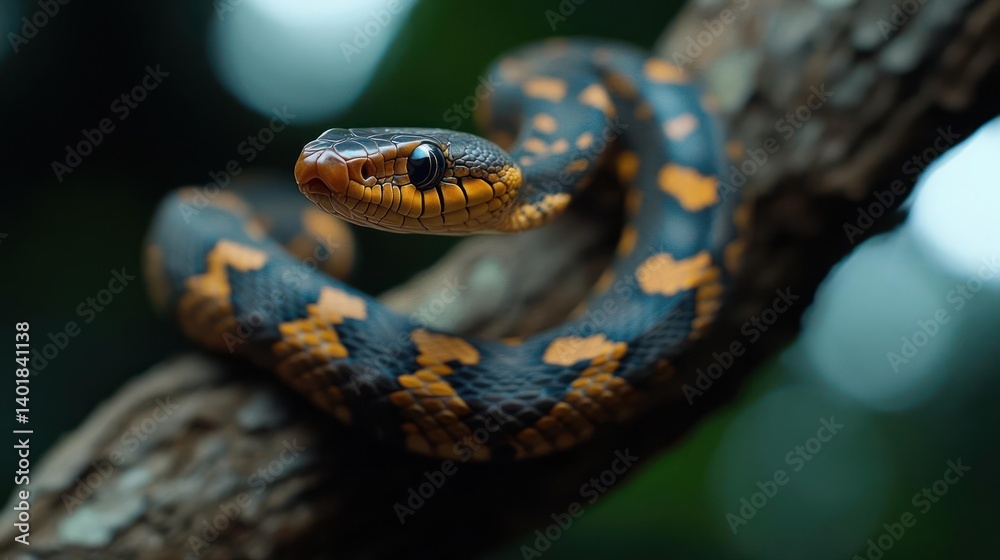Poster a vibrant orange spotted snake coiled on a branch with a blurred forest background under natural lig