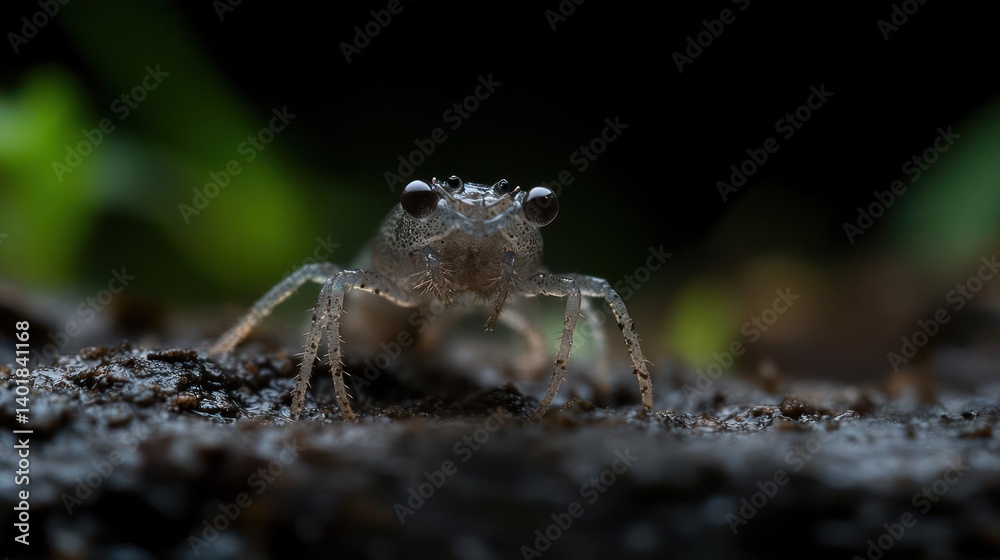 Aufkleber close-up shot of a small, translucent invertebrate with dark eyes standing on dark, wet soil. green 
