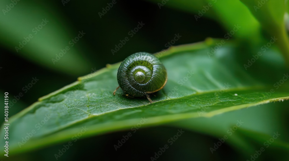 Poster Close-up macro of a small green snail resting on a vibrant green leaf. The snail has a spherical, glossy shell and is surrounded by lush foliage, creating a natural and detailed image