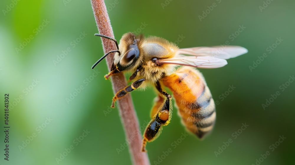Poster detailed close up of a bee covered in yellow pollen clinging to a thin brown branch with a blurred l