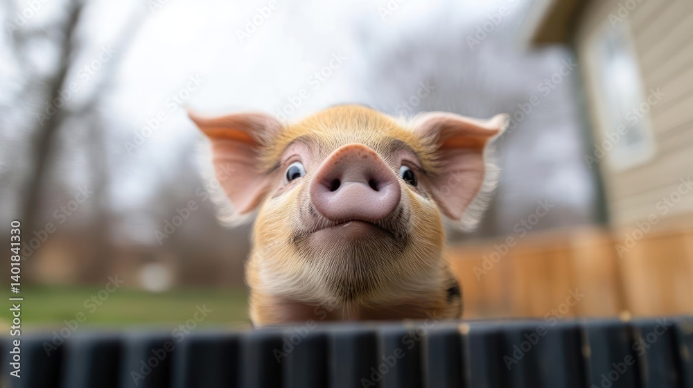 Poster a portrait photo with a low angle of a piglet with big snout looking at the camera, outdoor area wit