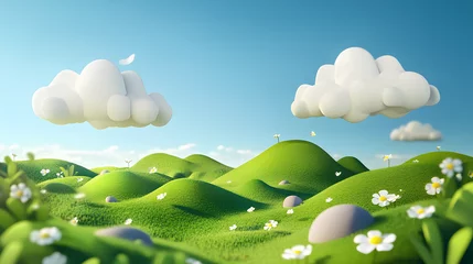 Gordijnen Kinderkamer Cartoon 3d illustration of green hills with white clouds, blue sky. Summer meadow environment with stones and flowers. Minimal nature cute spring composition. Peaceful background  © suldev