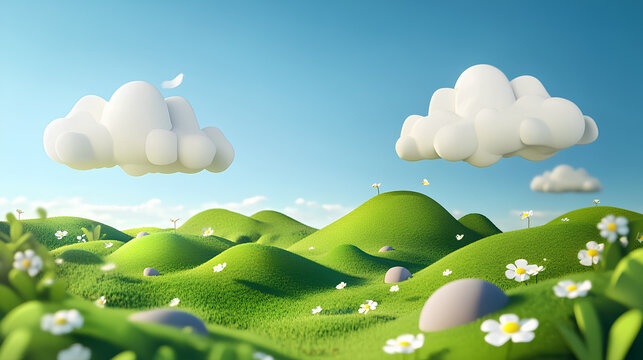 Cartoon 3d illustration of green hills with white clouds, blue sky. Summer meadow environment with stones and flowers. Minimal nature cute spring composition. Peaceful background