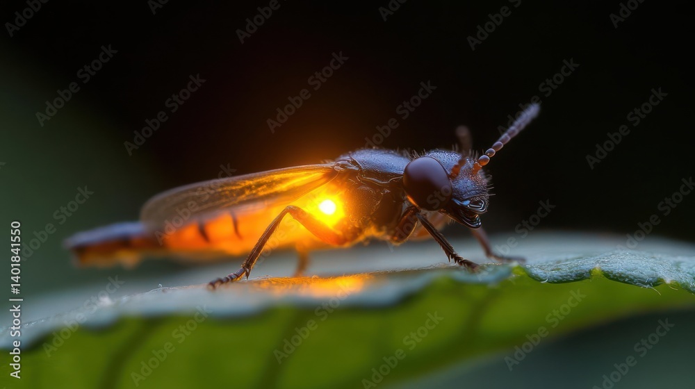 Aufkleber close-up shot of glowing fungus gnat larva on a leaf. the larva emits bioluminescent light, creating
