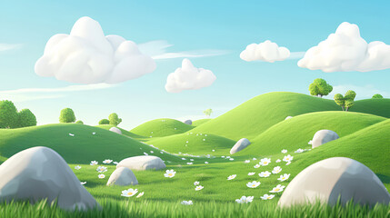 Cartoon 3d illustration of green hills with white clouds, blue sky. Summer meadow environment with stones and flowers. Minimal nature cute spring composition. Peaceful background