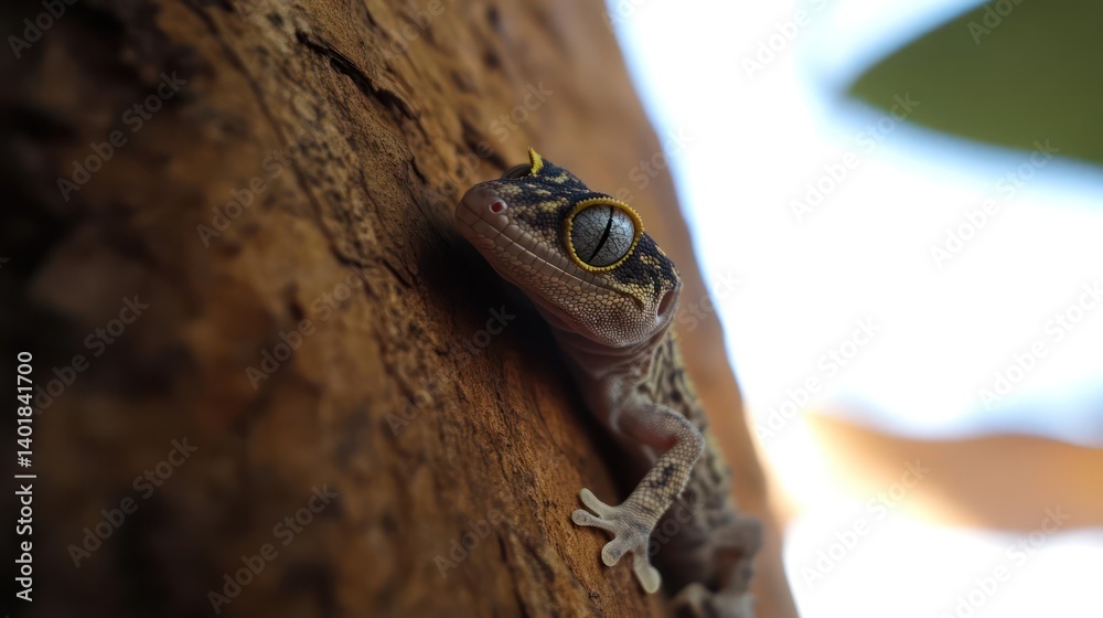 Poster a close-up showcases a small, speckled gecko clinging to rough, textured tree bark, its big, bright 