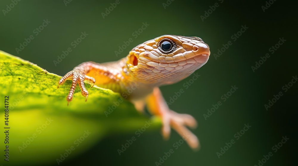 Poster a close-up captures a small, light orange gecko perched on a vibrant green leaf. the gecko's texture