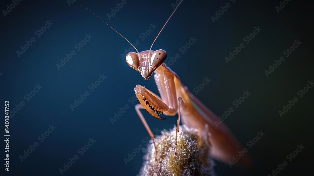 Poster close up of a praying mantis perched on a plant. the mantis is light brown with intricate details on